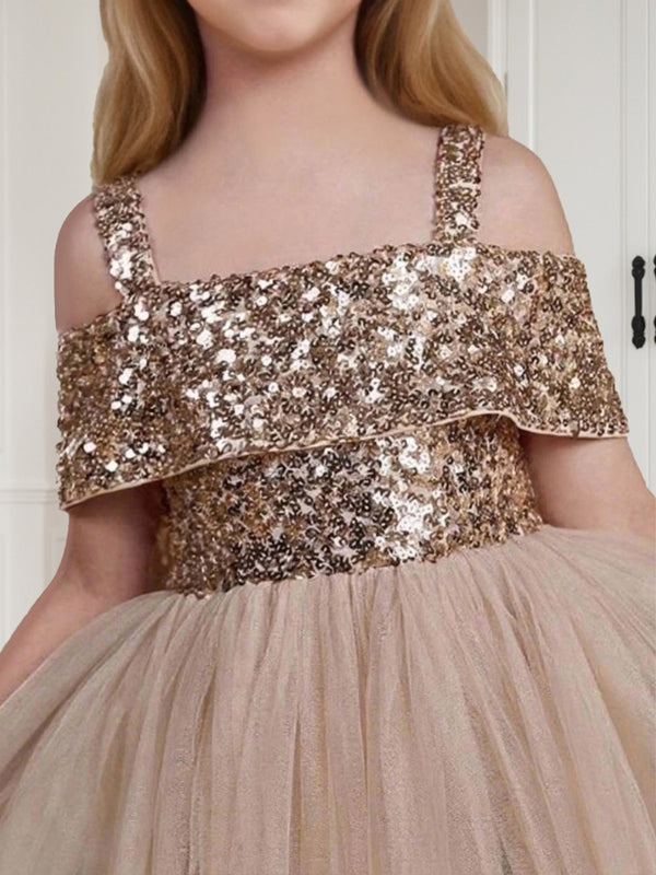 Tulle A-Line/Princess Square Neck Sleeveless Knee-Length Flower Girl Dresses With Sequins