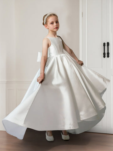 A-Line/Princess Crew Neck Sleeveless Satin Flower Girl Dresses with Bow