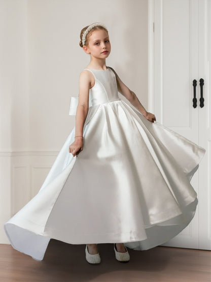 A-Line/Princess Crew Neck Sleeveless Satin Flower Girl Dresses with Bow