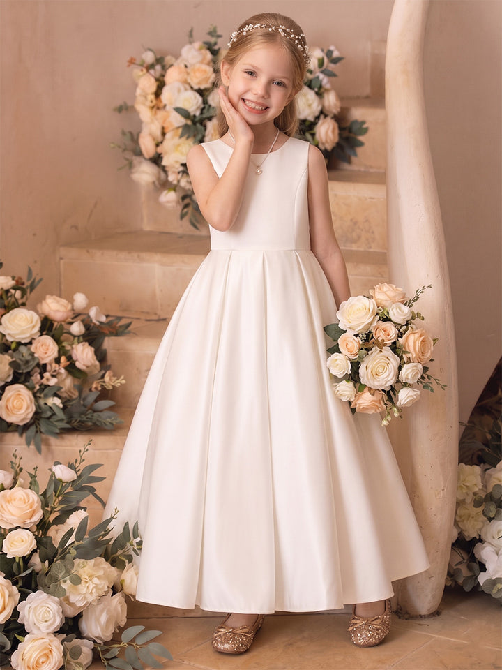 A-Line/Princess Boat Neck Sleeveless  Floor-Length Flower Girl Dresses With Bowknot &amp; Ruffles