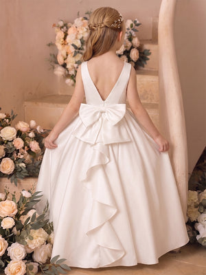 A-Line/Princess Boat Neck Sleeveless  Floor-Length Flower Girl Dresses With Bowknot & Ruffles