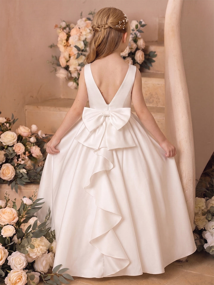 A-Line/Princess Boat Neck Sleeveless  Floor-Length Flower Girl Dresses With Bowknot &amp; Ruffles