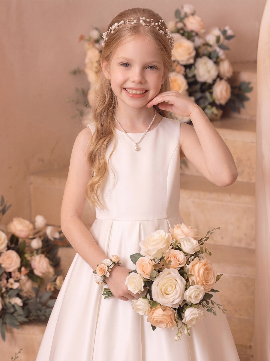 A-Line/Princess Boat Neck Sleeveless  Floor-Length Flower Girl Dresses With Bowknot &amp; Ruffles