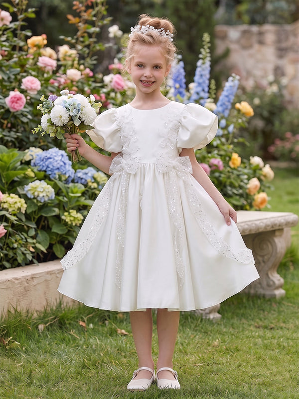 A-Line/Princess Scoop Short Sleeves Knee-Length Flower Girl Dresses With Sequins & Bowknot