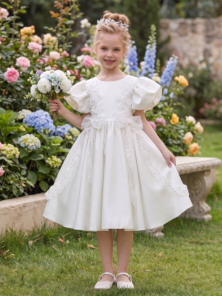 A-Line/Princess Scoop Short Sleeves Knee-Length Flower Girl Dresses With Sequins &amp; Bowknot