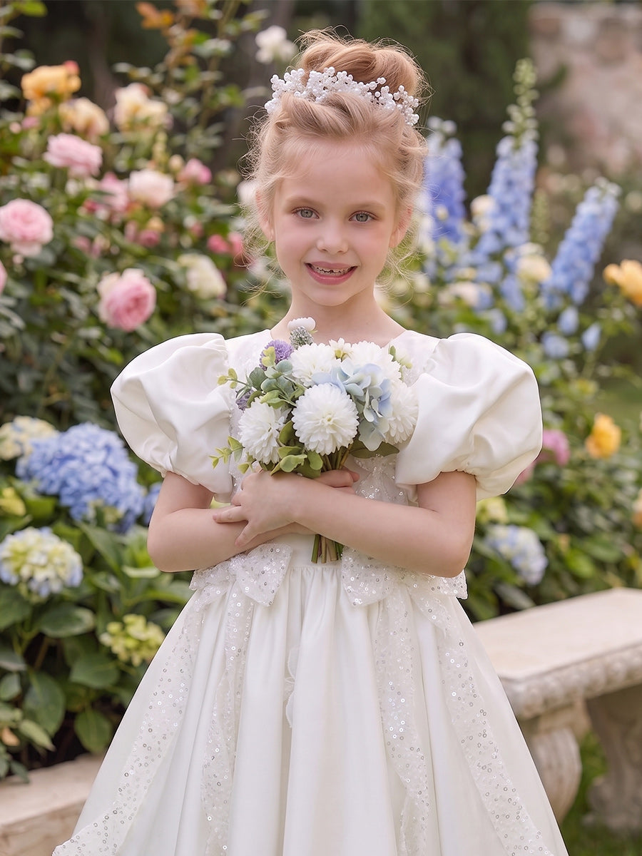 A-Line/Princess Scoop Short Sleeves Knee-Length Flower Girl Dresses With Sequins &amp; Bowknot