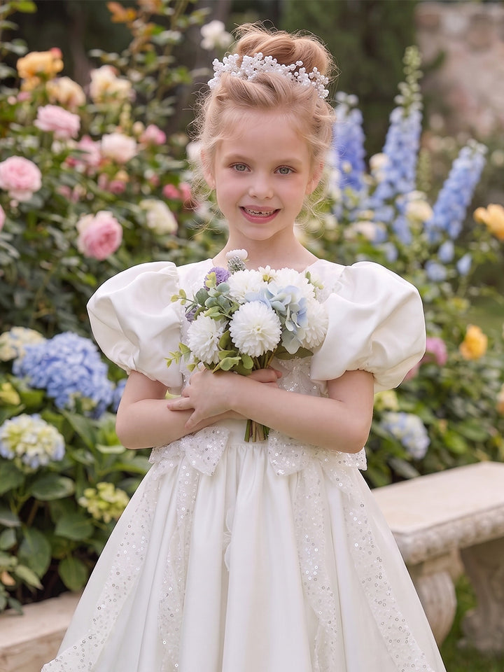A-Line/Princess Scoop Short Sleeves Knee-Length Flower Girl Dresses With Sequins &amp; Bowknot
