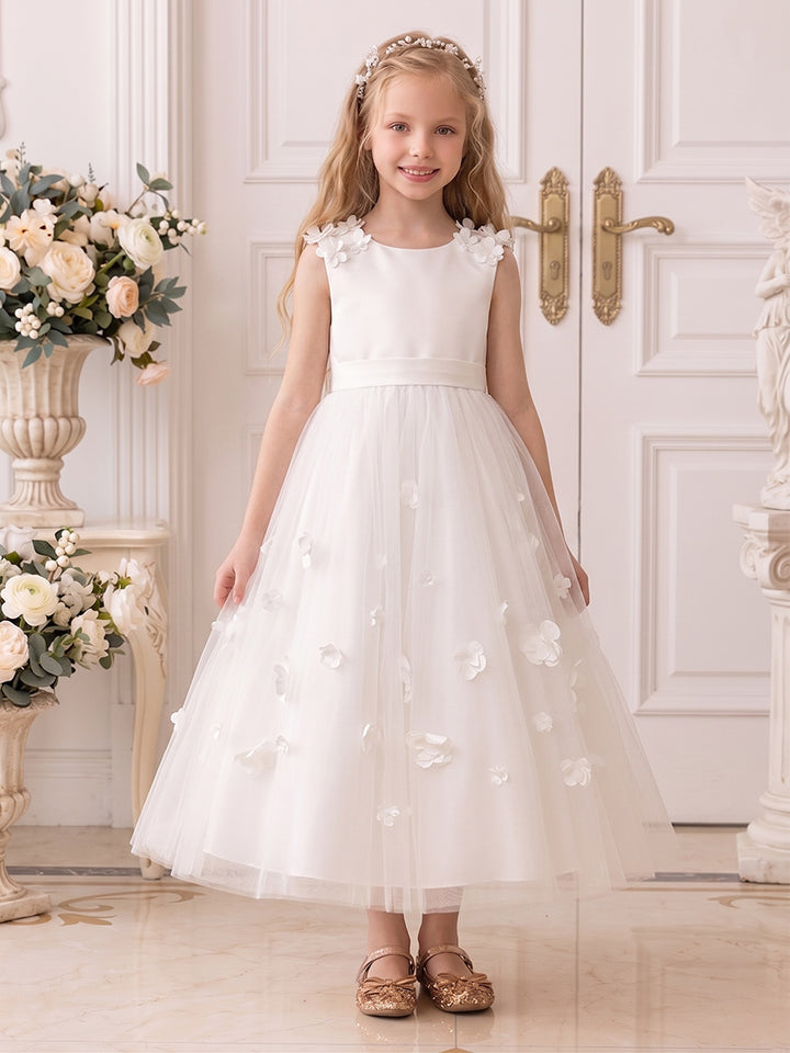 A-Line/Princess Scoop Sleeveless Ankle-Length Flower Girl Dresses With Bowknot &amp; 3D Floral