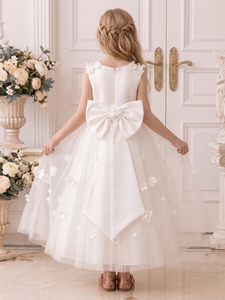A-Line/Princess Scoop Sleeveless Ankle-Length Flower Girl Dresses With Bowknot &amp; 3D Floral