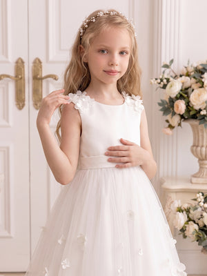 A-Line/Princess Scoop Sleeveless Ankle-Length Flower Girl Dresses With Bowknot & 3D Floral