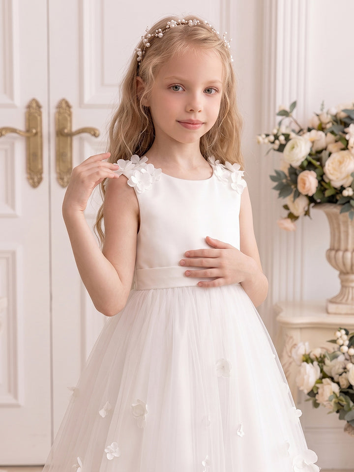 A-Line/Princess Scoop Sleeveless Ankle-Length Flower Girl Dresses With Bowknot &amp; 3D Floral