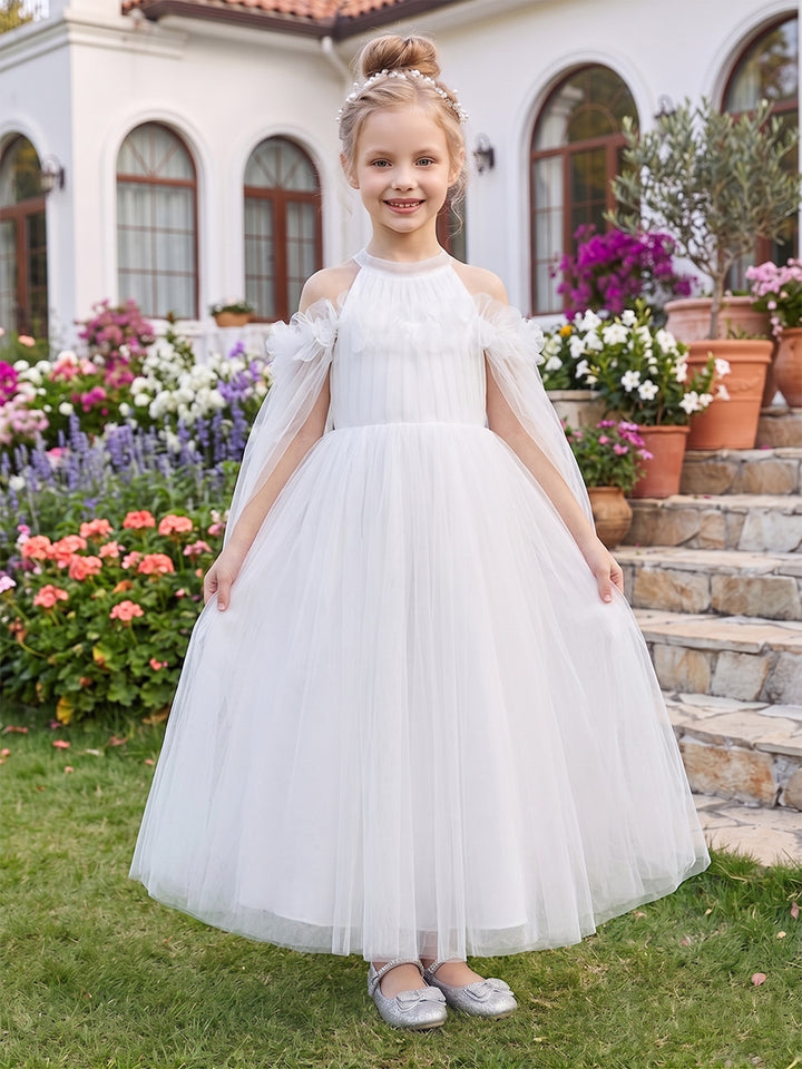 A-Line/Princess Cold Shoulder Cap Sleeves Ankle-Length Flower Girl Dresses With Beading &amp; 3D Floral
