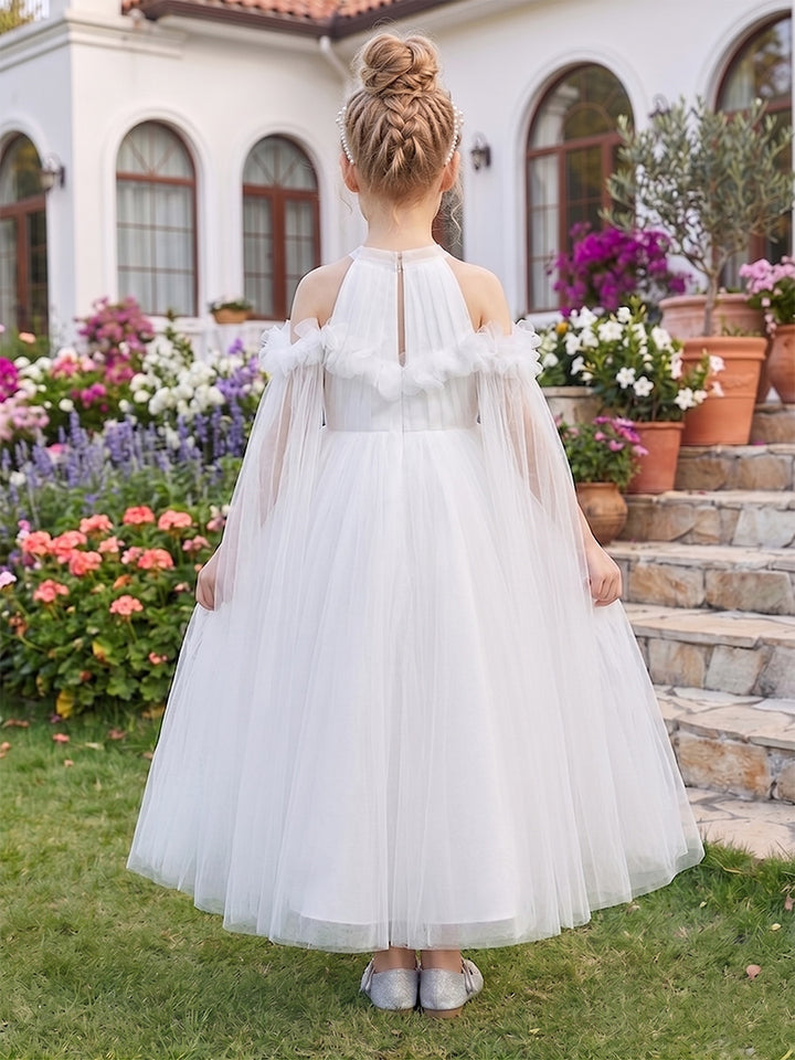 A-Line/Princess Cold Shoulder Cap Sleeves Ankle-Length Flower Girl Dresses With Beading &amp; 3D Floral