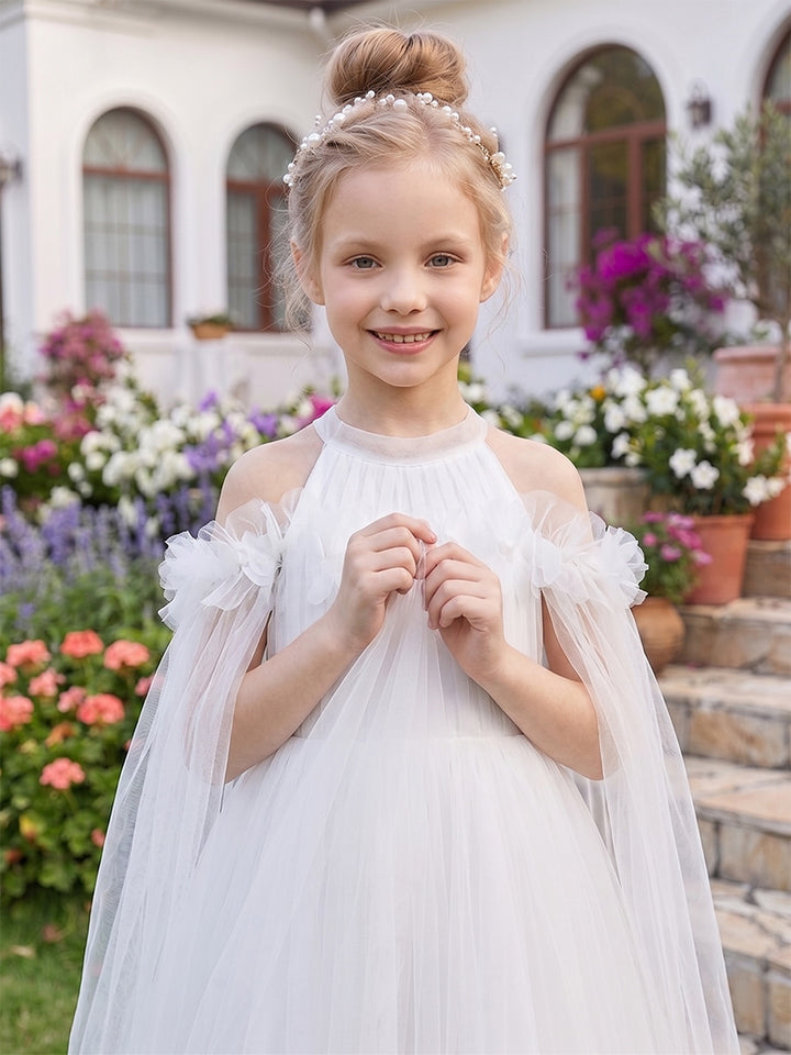A-Line/Princess Cold Shoulder Cap Sleeves Ankle-Length Flower Girl Dresses With Beading &amp; 3D Floral