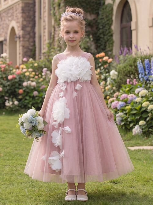 A-Line/Princess V-Neck Sleeveless Tea-Length Flower Girl Dresses With 3D Floral