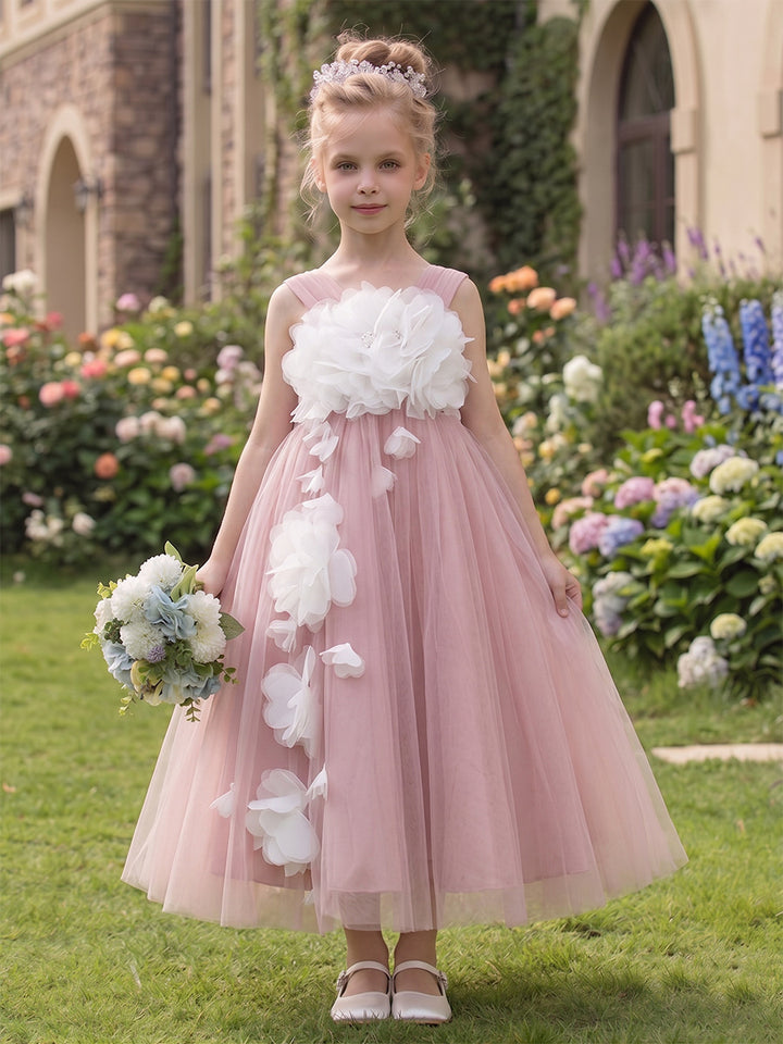 A-Line/Princess V-Neck Sleeveless Tea-Length Flower Girl Dresses With 3D Floral