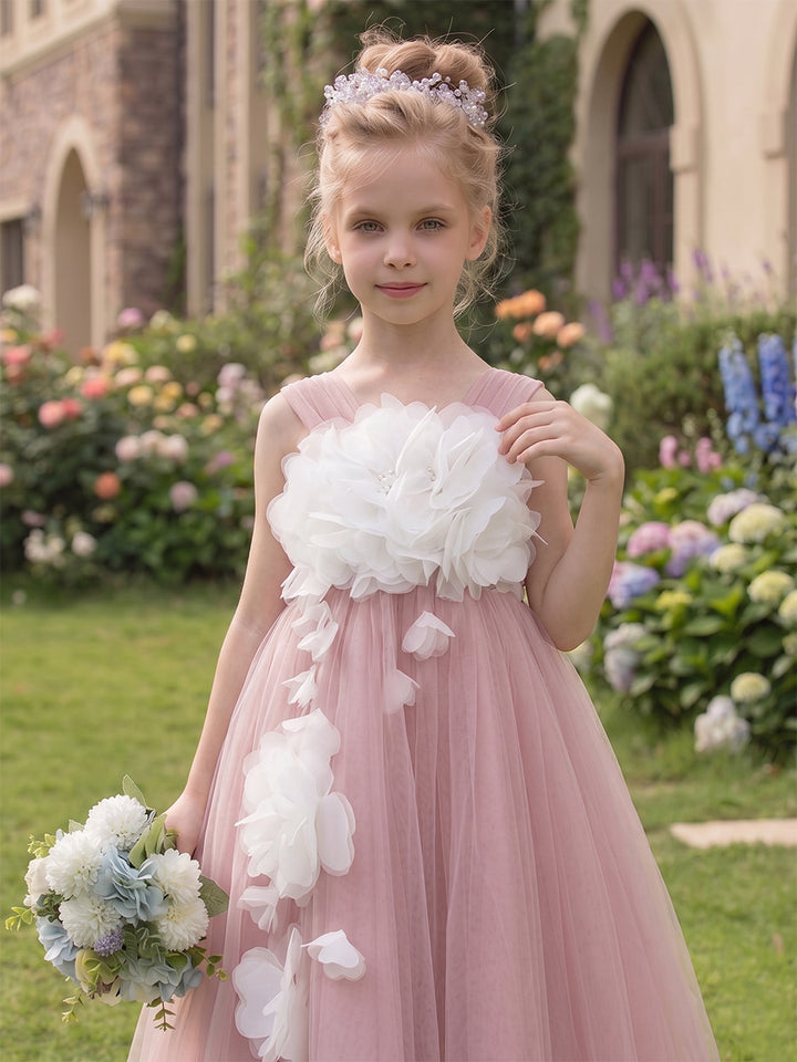 A-Line/Princess V-Neck Sleeveless Tea-Length Flower Girl Dresses With 3D Floral