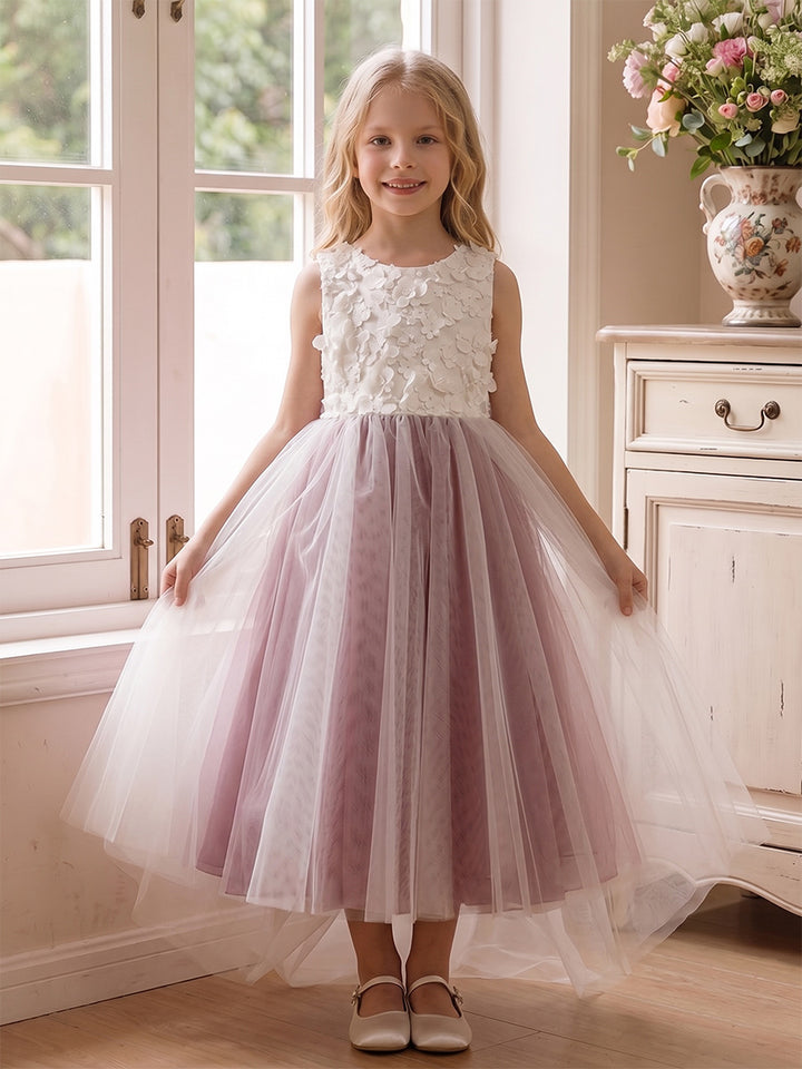 A-Line/Princess Scoop Sleeveless Ankle-Length Flower Girl Dresses With Bowknot &amp; 3D Floral