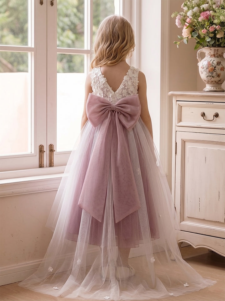 A-Line/Princess Scoop Sleeveless Ankle-Length Flower Girl Dresses With Bowknot &amp; 3D Floral