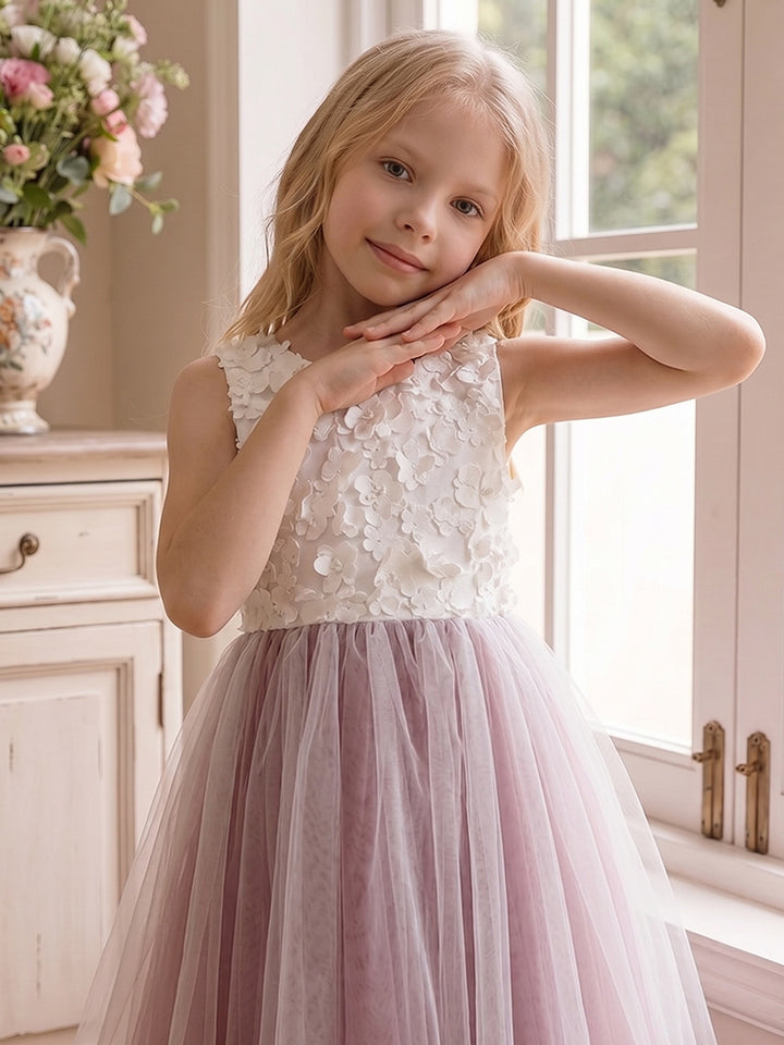 A-Line/Princess Scoop Sleeveless Ankle-Length Flower Girl Dresses With Bowknot &amp; 3D Floral
