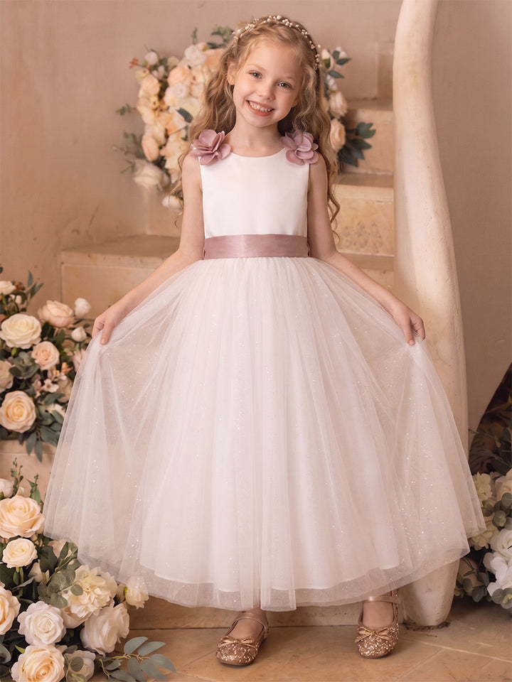 A-Line/Princess Sleeveless Scoop Ankle-Length Flower Girl Dresses With Bowknot &amp; 3D Floral