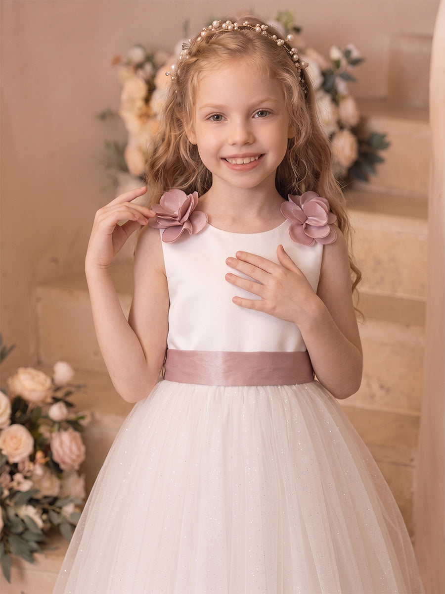 A-Line/Princess Sleeveless Scoop Ankle-Length Flower Girl Dresses With Bowknot &amp; 3D Floral