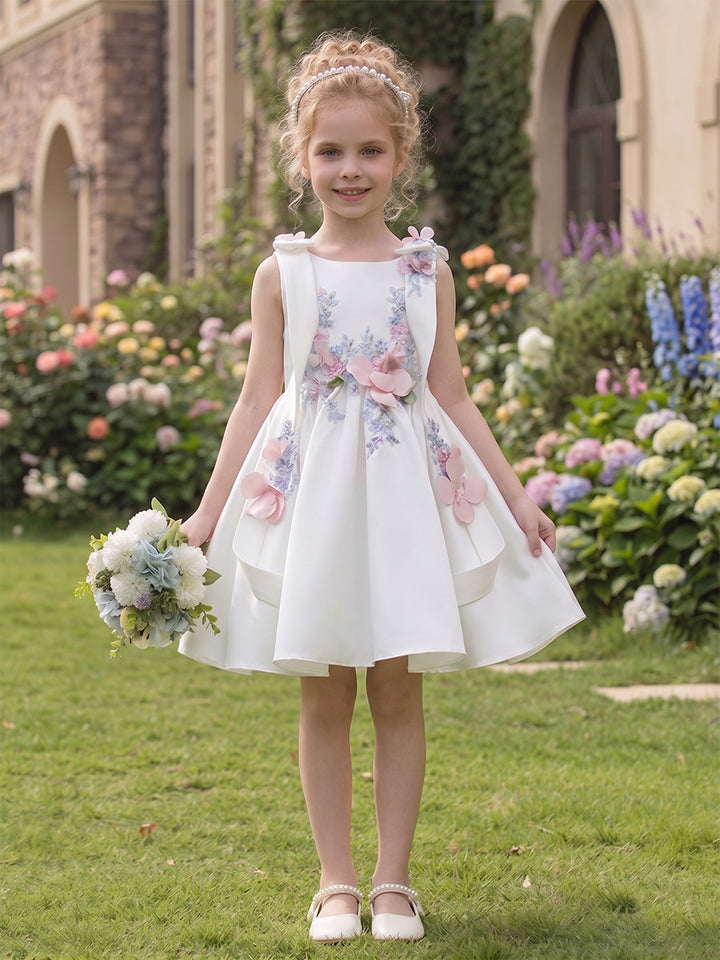 A-Line/Princess Boat Neck Sleeveless Knee-Length Flower Girl Dresses With Bowknot &amp; 3D Floral