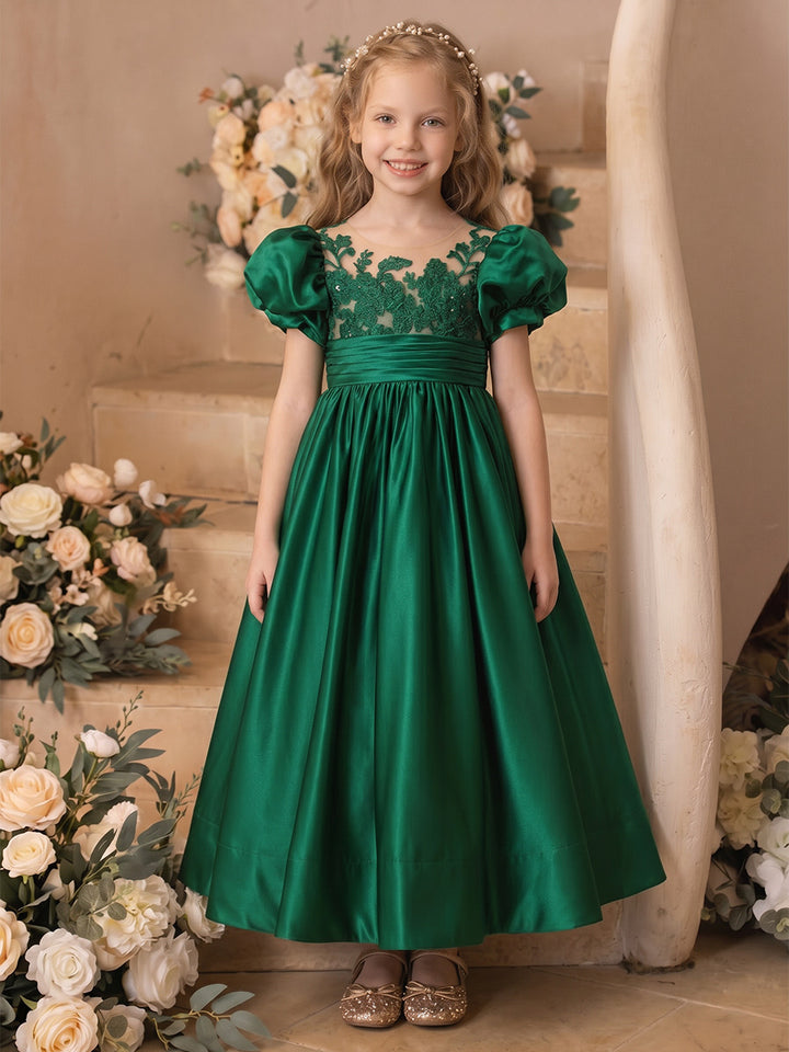 A-Line/Princess Scoop Short Sleeves Floor-Length Flower Girl Dresses With Lace &amp; Bowknot