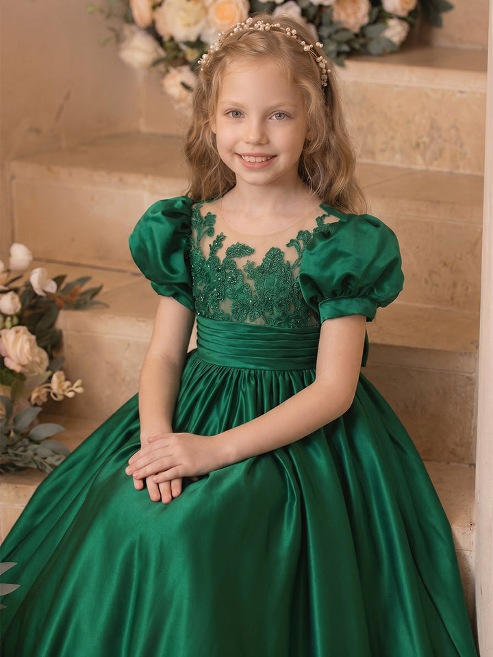A-Line/Princess Scoop Short Sleeves Floor-Length Flower Girl Dresses With Lace &amp; Bowknot