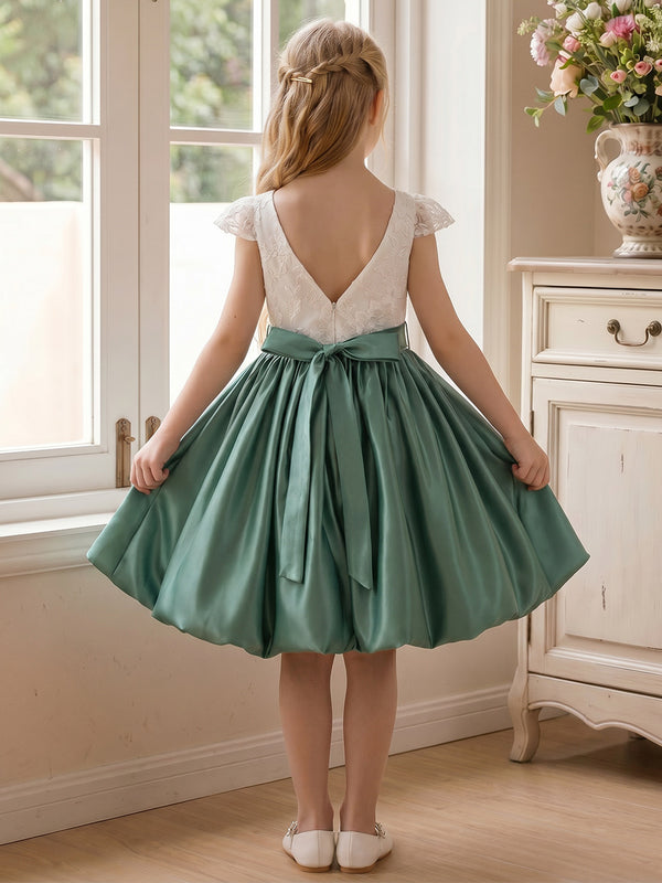 A-Line/Princess Scoop Short Sleeves Knee-Length Flower Girl Dresses With Belt & Bowknot