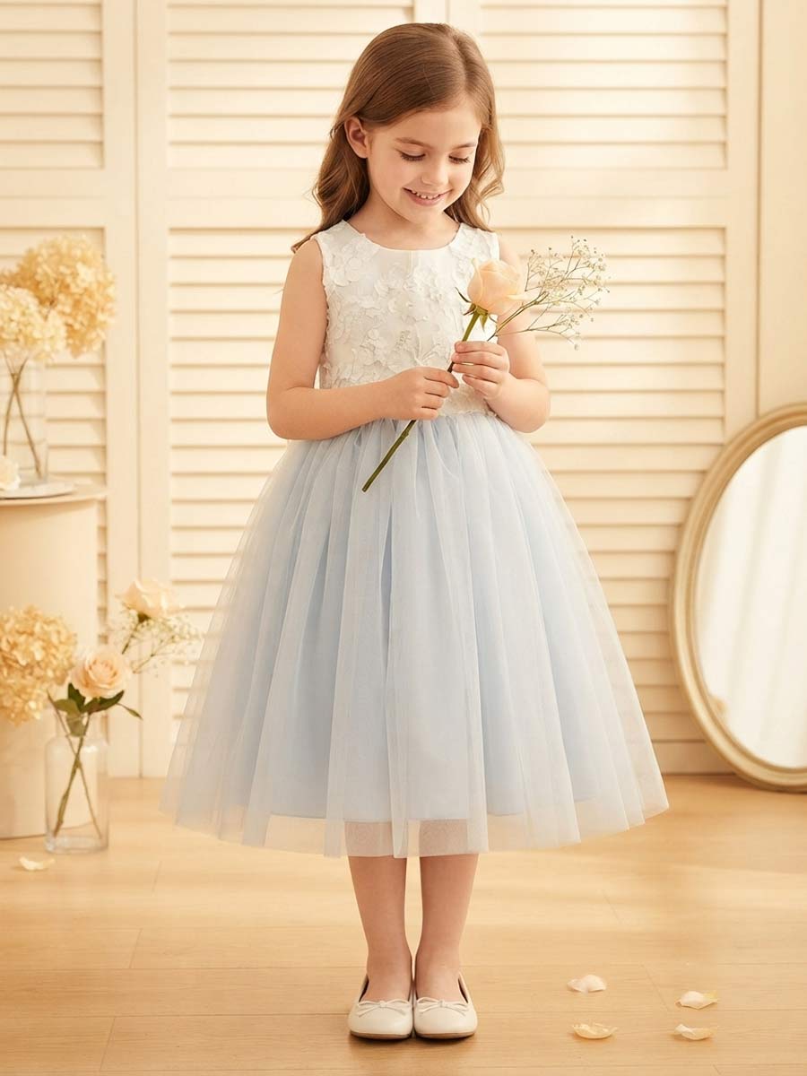 A-Line/Princess Boat Neck Sleeveless Knee-Length Flower Girl Dresses With Bowknot &amp; Applique