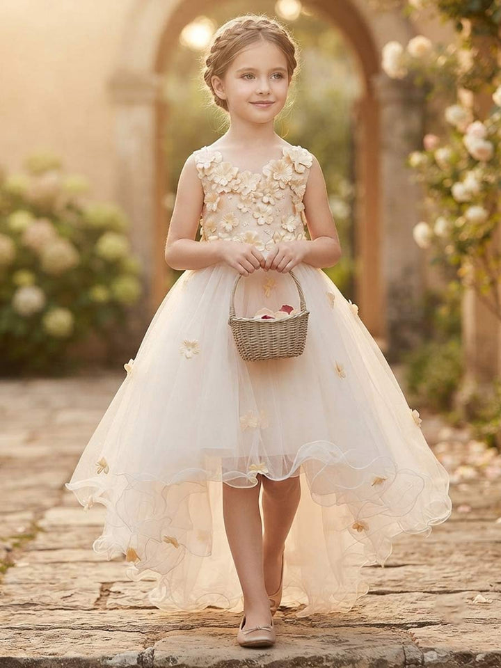 A-Line/Princess Scoop Sleeveless Asymmetrical Flower Girl Dresses With Appliques &amp; Lace