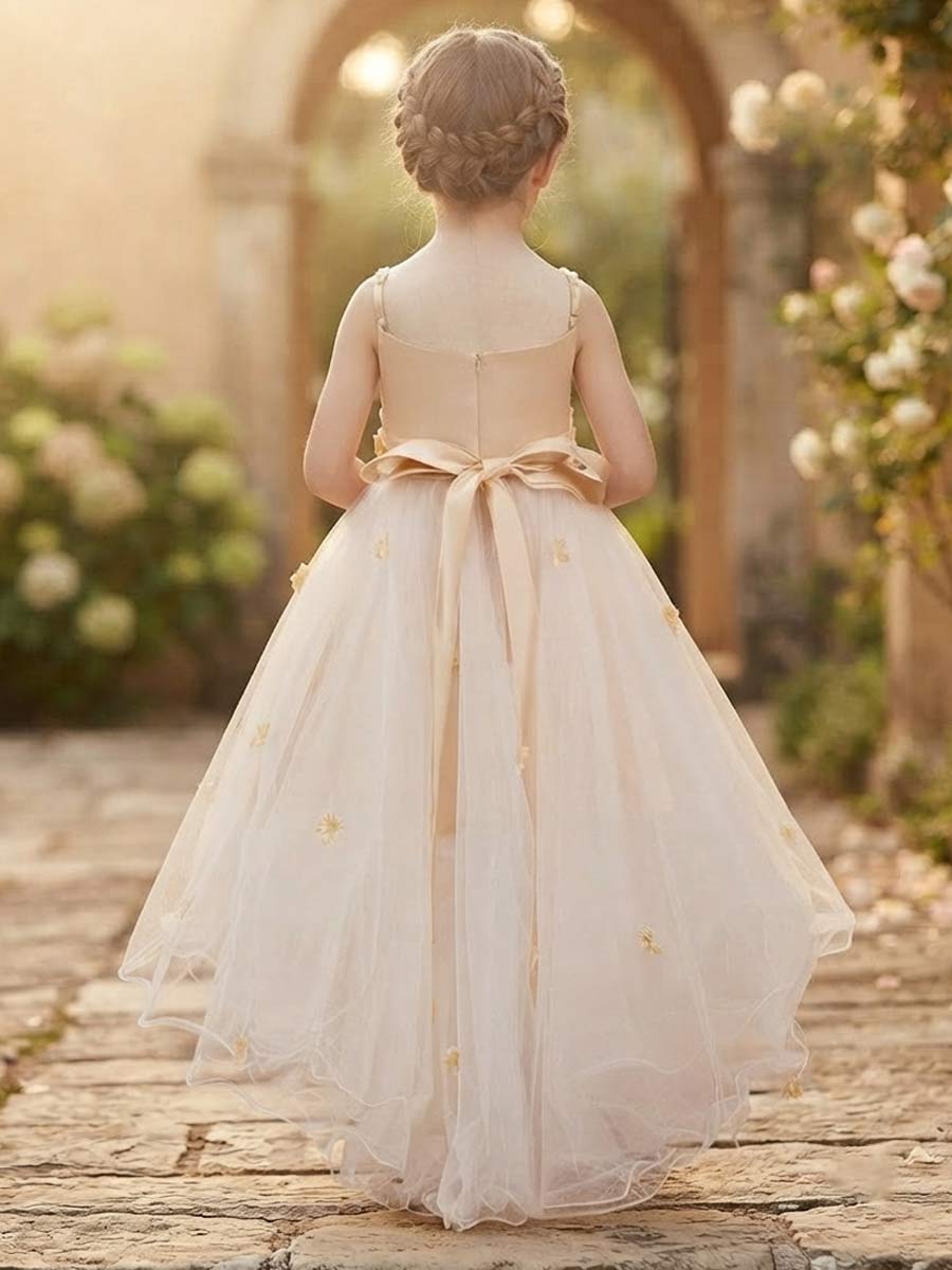 A-Line/Princess Scoop Sleeveless Asymmetrical Flower Girl Dresses With Appliques &amp; Lace