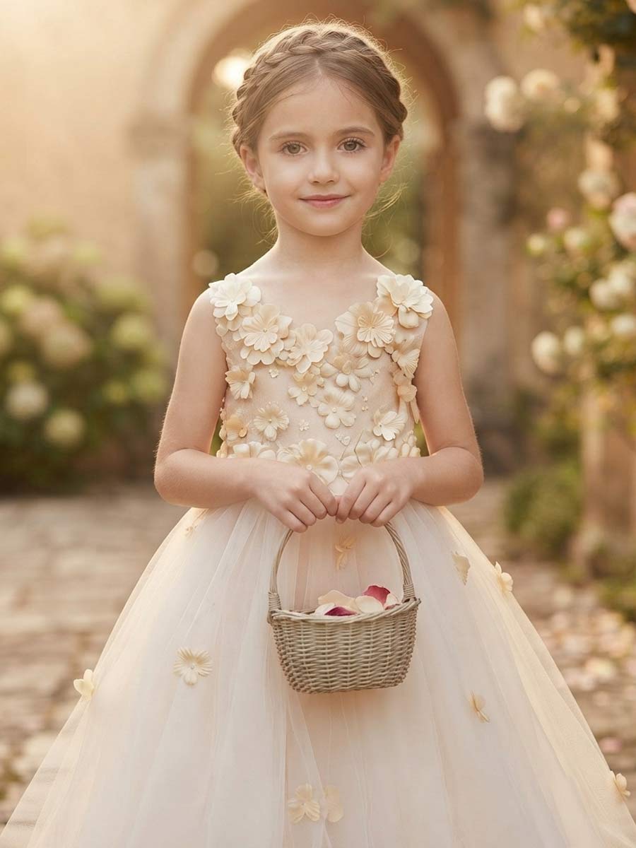A-Line/Princess Scoop Sleeveless Asymmetrical Flower Girl Dresses With Appliques &amp; Lace