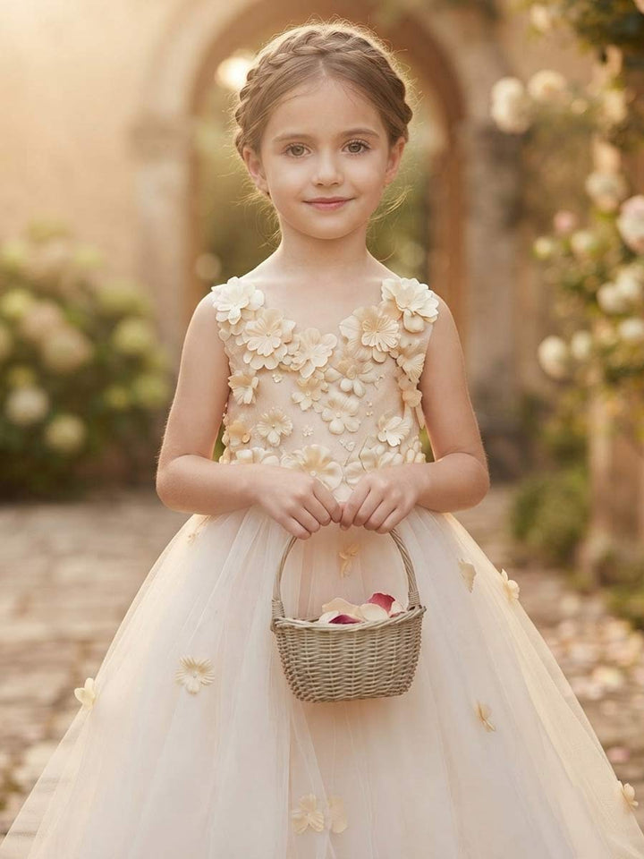 A-Line/Princess Scoop Sleeveless Asymmetrical Flower Girl Dresses With Appliques &amp; Lace