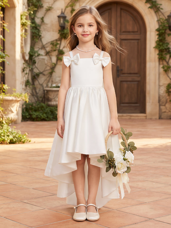 A-Line/Princess  Square Neck  Sleeveless  Satin  Asymmetrical  Flower Girl Dresses  with Bowknots