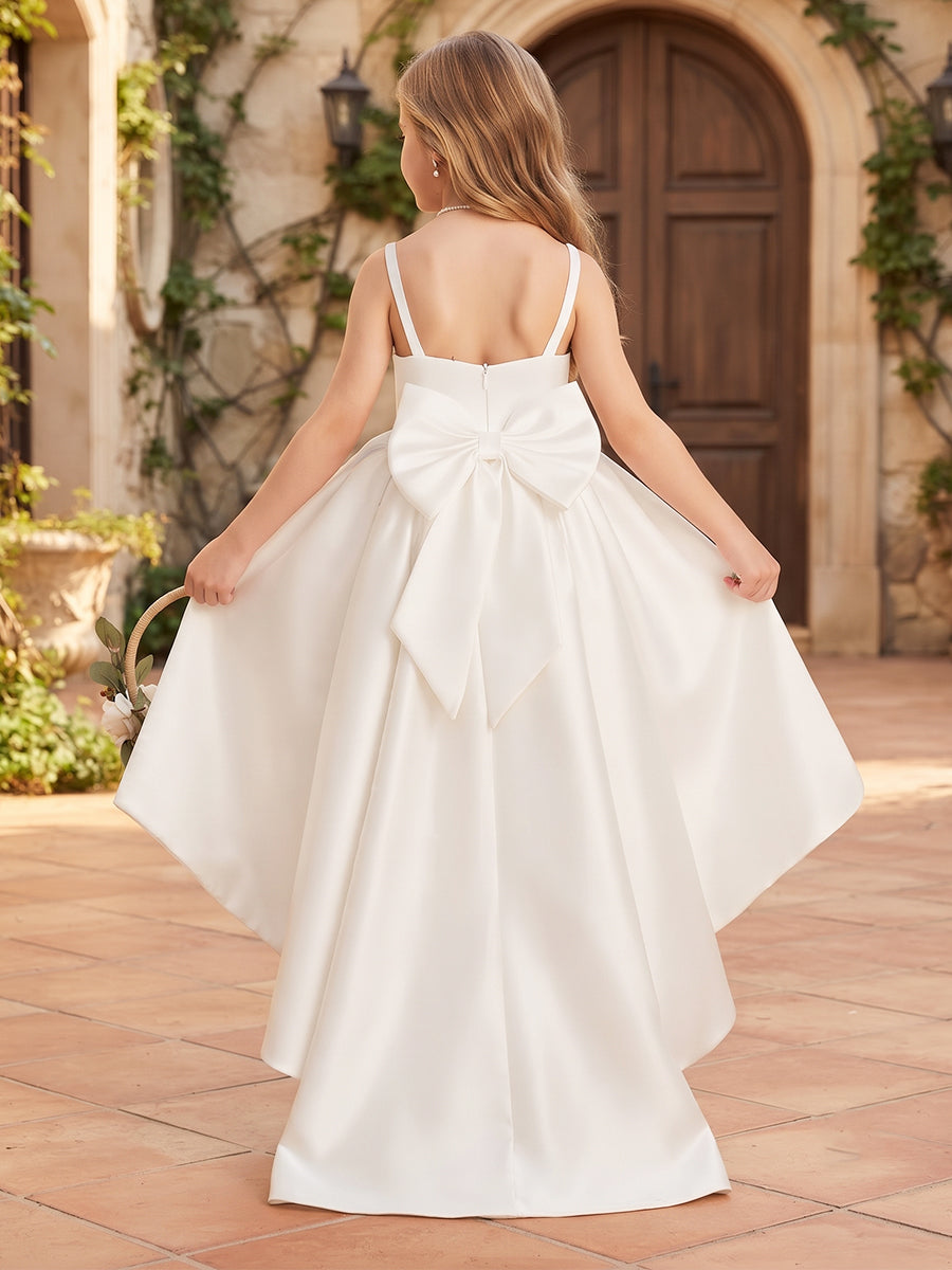 A-Line/Princess  Square Neck  Sleeveless  Satin  Asymmetrical  Flower Girl Dresses  with Bowknots
