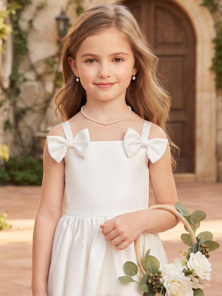 A-Line/Princess  Square Neck  Sleeveless  Satin  Asymmetrical  Flower Girl Dresses  with Bowknots