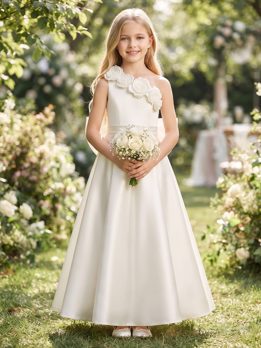 A-Line/Princess  One-Shoulder  Sleeveless  Satin  Floor-Length  Flower Girl Dresses  with Bowknots