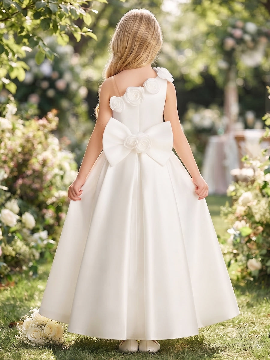 A-Line/Princess  One-Shoulder  Sleeveless  Satin  Floor-Length  Flower Girl Dresses  with Bowknots