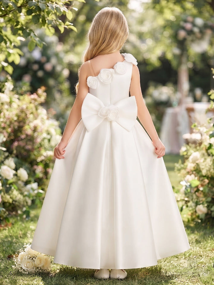 A-Line/Princess  One-Shoulder  Sleeveless  Satin  Floor-Length  Flower Girl Dresses  with Bowknots