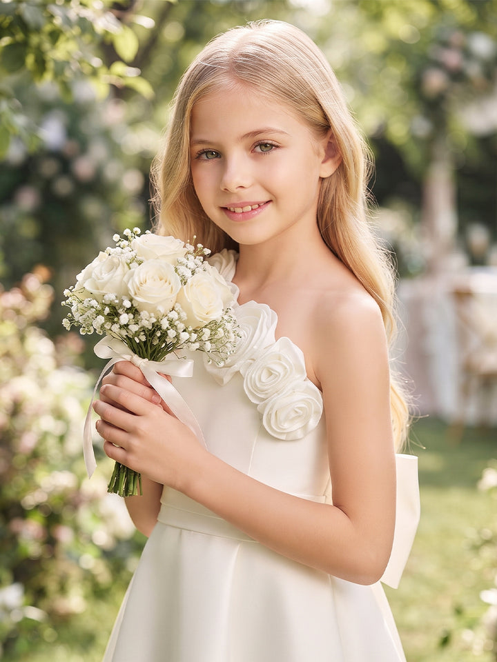 A-Line/Princess  One-Shoulder  Sleeveless  Satin  Floor-Length  Flower Girl Dresses  with Bowknots