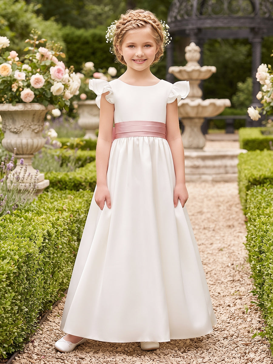 A-Line/Princess  Crew Neck Flying Sleeves  Satin  Floor-Length  Flower Girl Dresses  with Bowknot