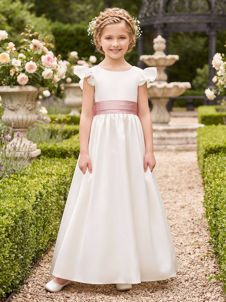 A-Line/Princess  Crew Neck Flying Sleeves  Satin  Floor-Length  Flower Girl Dresses  with Bowknot