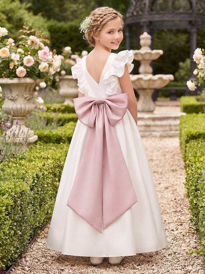 A-Line/Princess  Crew Neck Flying Sleeves  Satin  Floor-Length  Flower Girl Dresses  with Bowknot