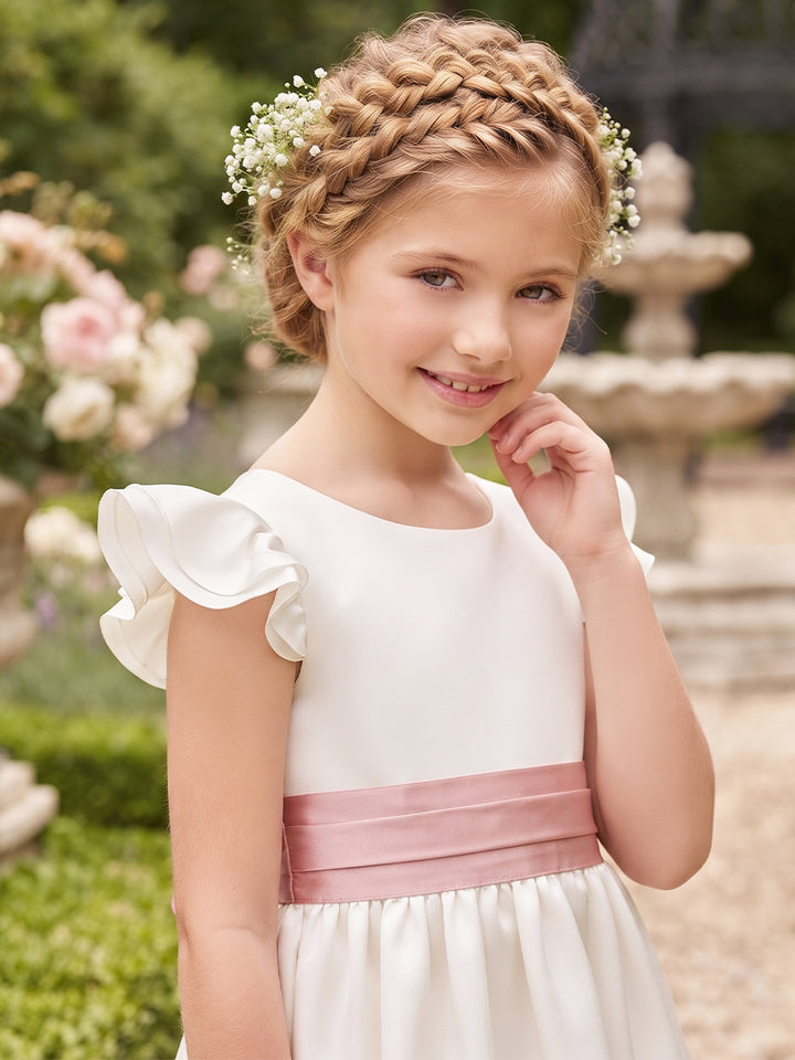A-Line/Princess  Crew Neck Flying Sleeves  Satin  Floor-Length  Flower Girl Dresses  with Bowknot