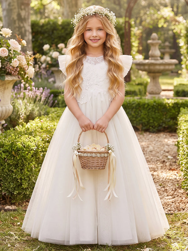 A-Line/Princess  High Neck  Flying Sleeves  Tulle  Floor-Length  Flower Girl Dresses  with Applique