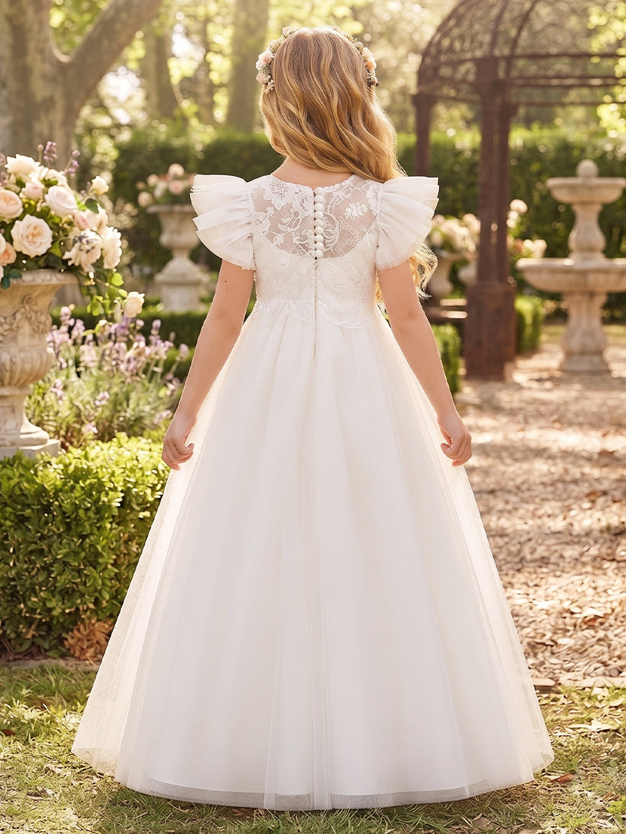 A-Line/Princess  High Neck  Flying Sleeves  Tulle  Floor-Length  Flower Girl Dresses  with Applique