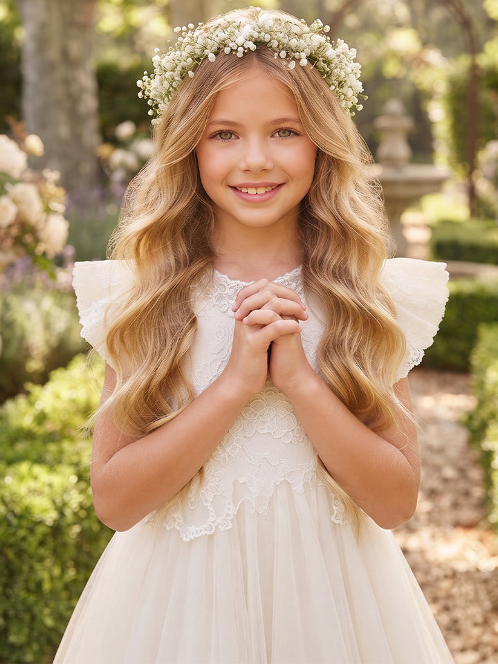 A-Line/Princess  High Neck  Flying Sleeves  Tulle  Floor-Length  Flower Girl Dresses  with Applique
