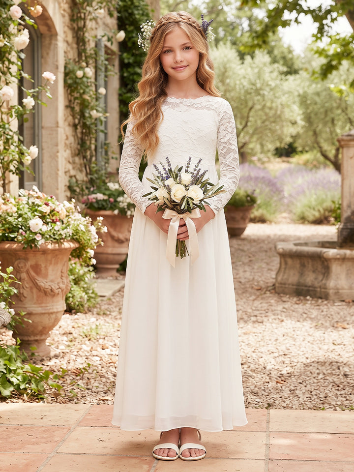 A-Line/Princess  Crew Neck Long Sleeves  Chiffon  Ankle-Length  Flower Girl Dresses  with Lace